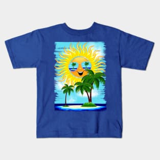 Summer Sun Cartoon with Sunglasses Beach Reflections Kids T-Shirt